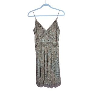 LARA Beaded Gatsby Cocktail Dress Womens 4 Champagne Gold V-Neck Mini Strap